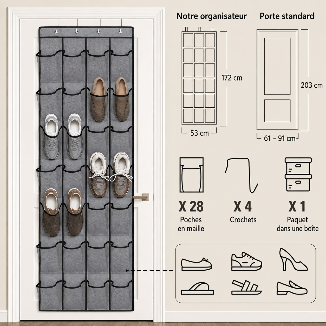 Range-Chaussures Suspendu pour Porte